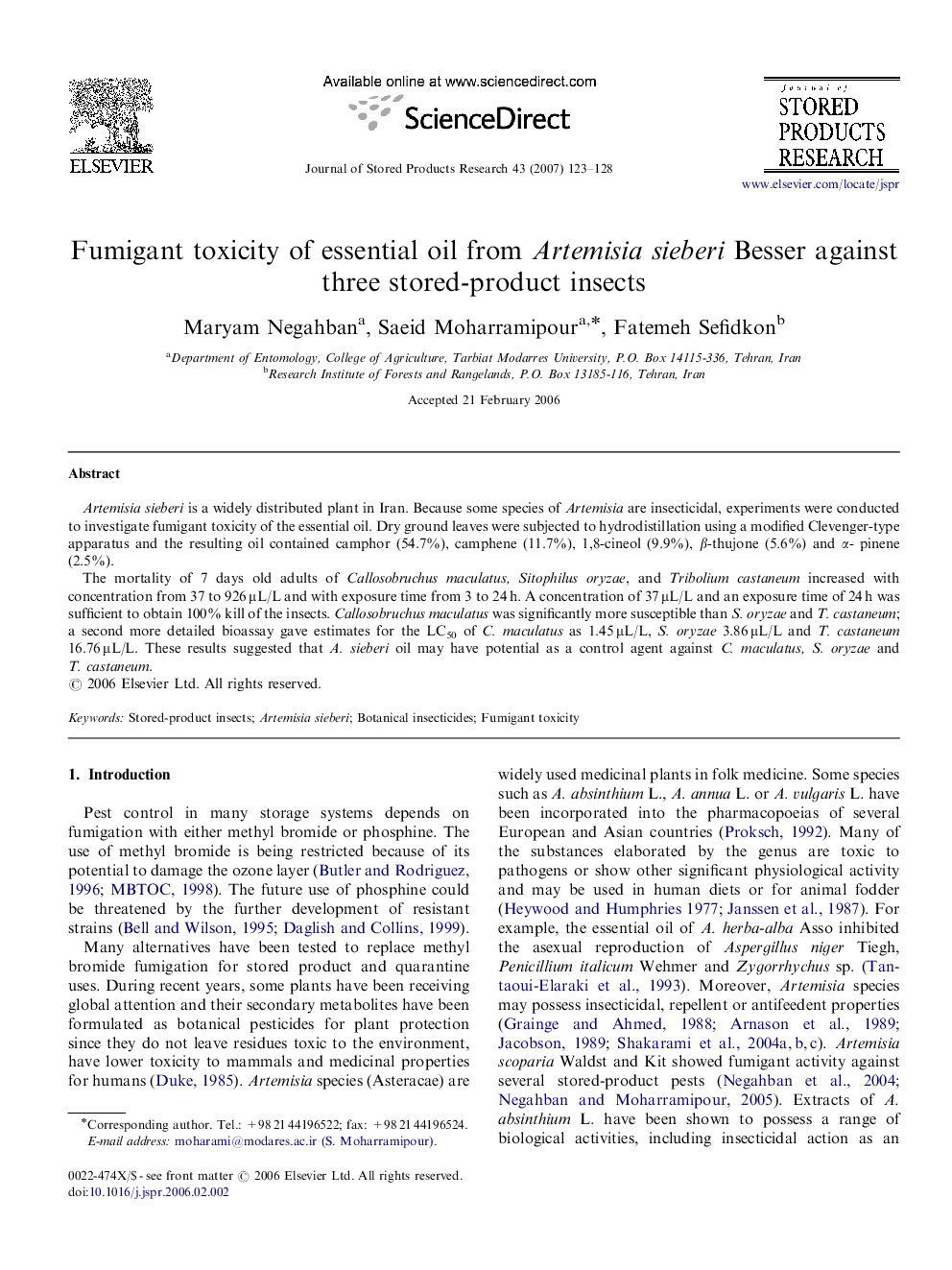 Fumigant toxicity of essential oil from Artemisia sieberi Besser against three stored-product insects