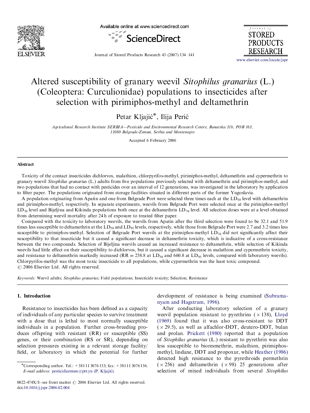 Altered susceptibility of granary weevil Sitophilus granarius (L.) (Coleoptera: Curculionidae) populations to insecticides after selection with pirimiphos-methyl and deltamethrin