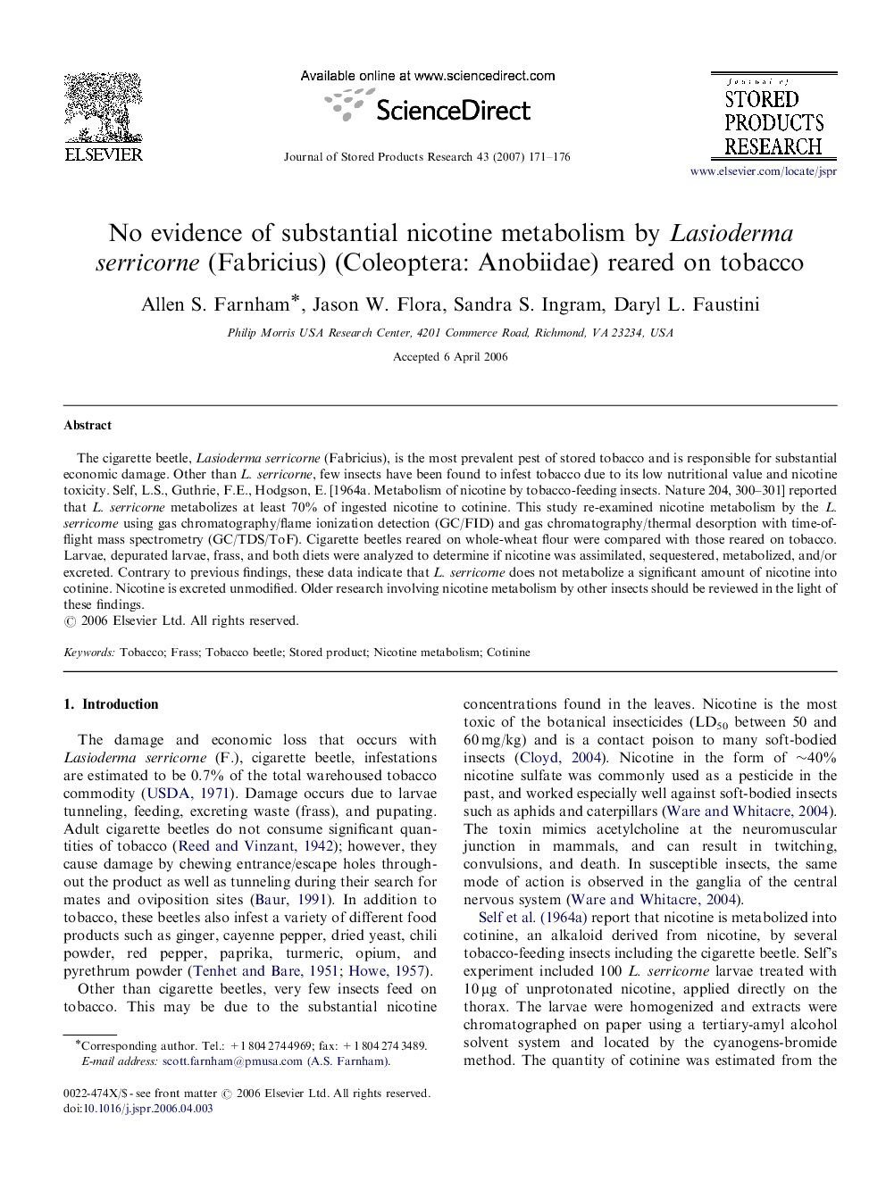 No evidence of substantial nicotine metabolism by Lasioderma serricorne (Fabricius) (Coleoptera: Anobiidae) reared on tobacco