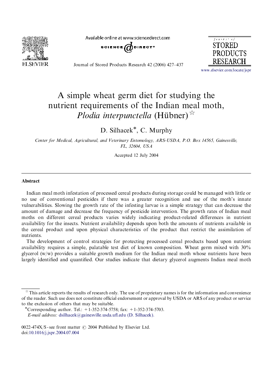 A simple wheat germ diet for studying the nutrient requirements of the Indian meal moth, Plodia interpunctella (Hübner) 