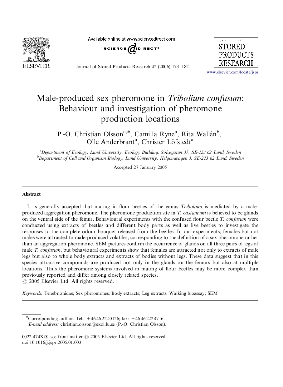 Male-produced sex pheromone in Tribolium confusum: Behaviour and investigation of pheromone production locations