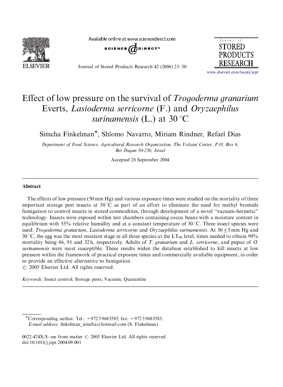 Effect of low pressure on the survival of Trogoderma granarium Everts, Lasioderma serricorne (F.) and Oryzaephilus surinamensis (L.) at 30 °C