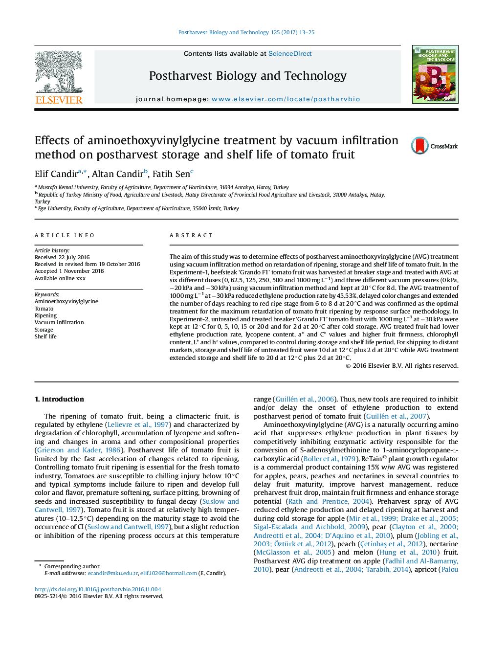 Effects of aminoethoxyvinylglycine treatment by vacuum infiltration method on postharvest storage and shelf life of tomato fruit