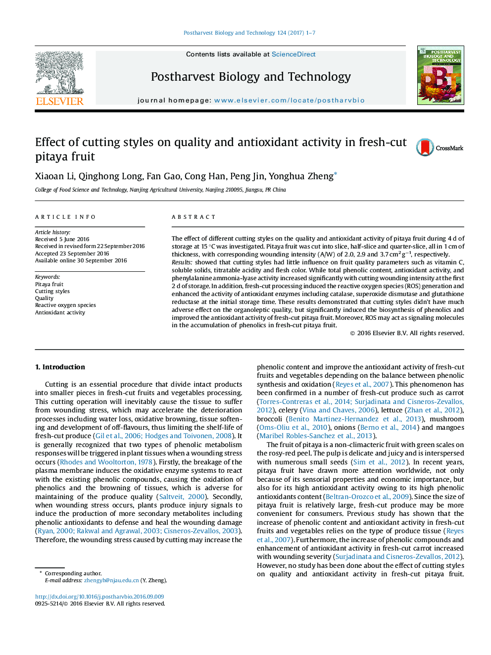 Effect of cutting styles on quality and antioxidant activity in fresh-cut pitaya fruit