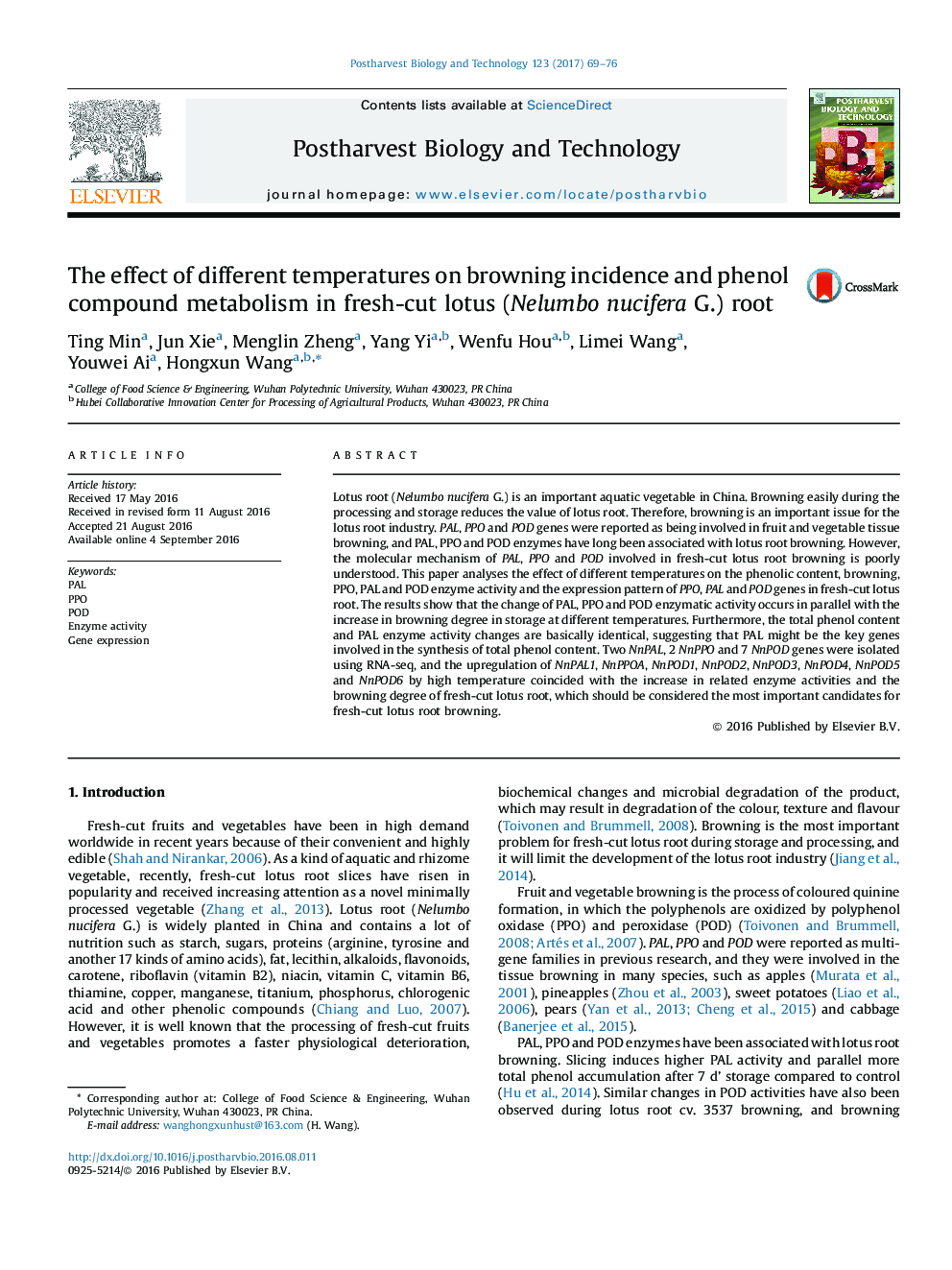 The effect of different temperatures on browning incidence and phenol compound metabolism in fresh-cut lotus (Nelumbo nucifera G.) root