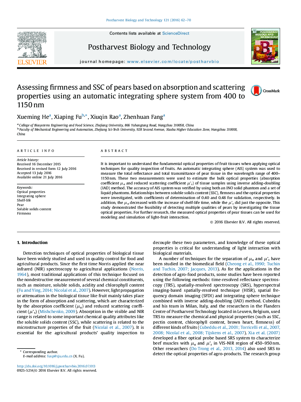 Assessing firmness and SSC of pears based on absorption and scattering properties using an automatic integrating sphere system from 400 to 1150 nm