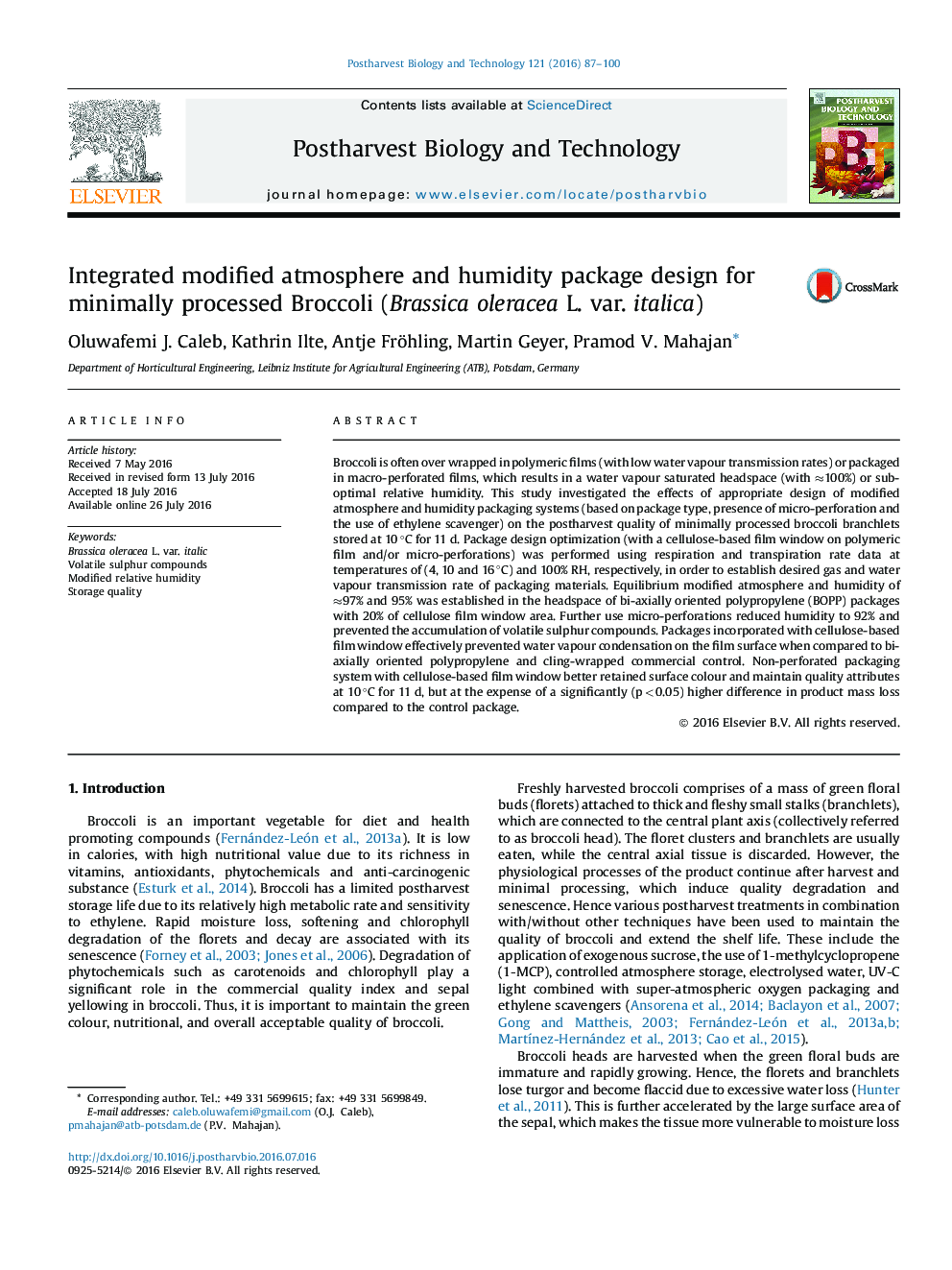 Integrated modified atmosphere and humidity package design for minimally processed Broccoli (Brassica oleracea L. var. italica)