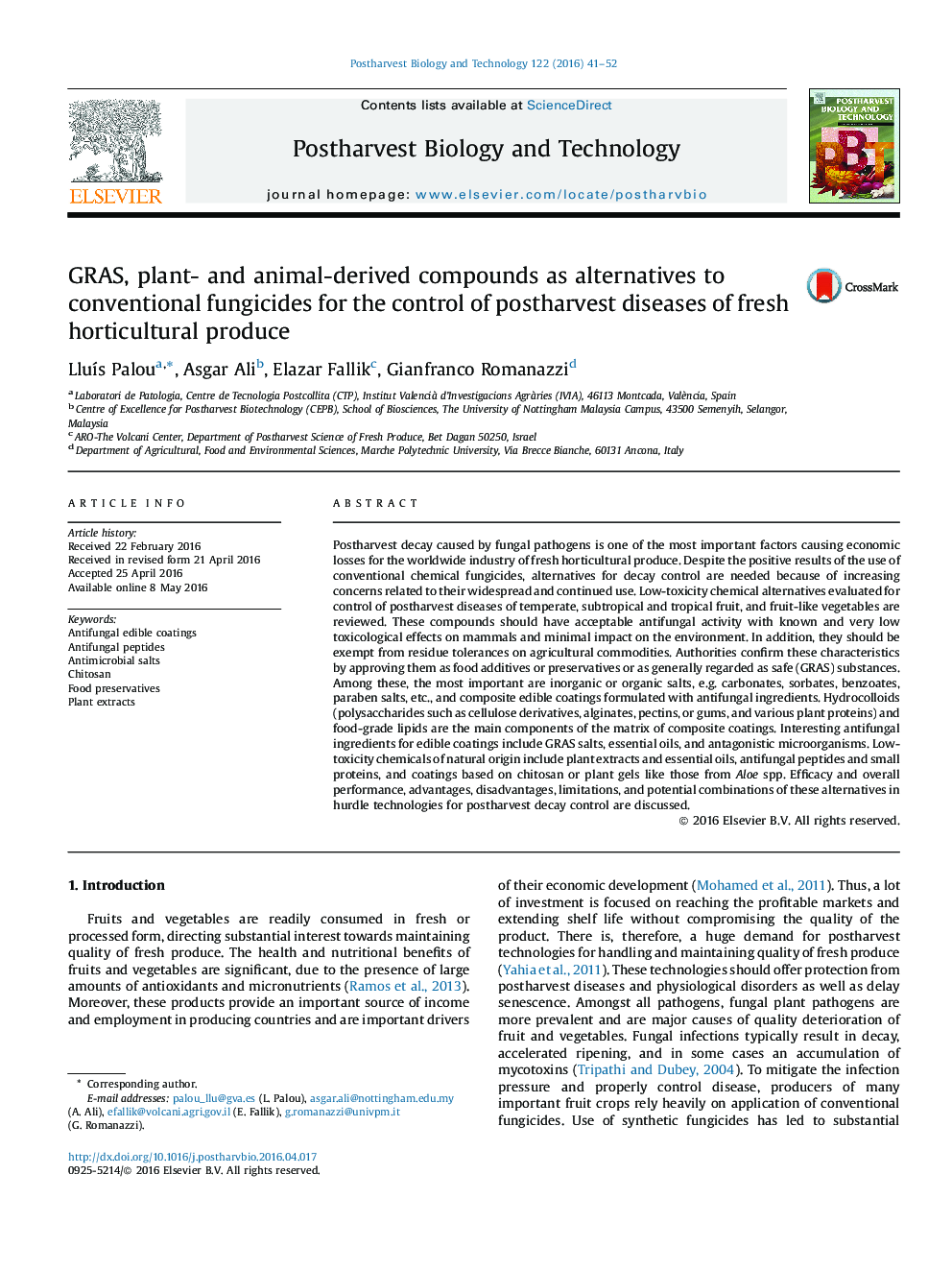 GRAS, plant- and animal-derived compounds as alternatives to conventional fungicides for the control of postharvest diseases of fresh horticultural produce