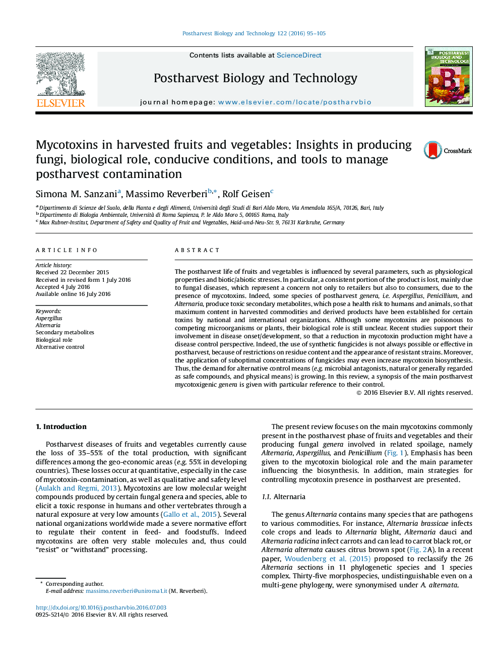 Mycotoxins in harvested fruits and vegetables: Insights in producing fungi, biological role, conducive conditions, and tools to manage postharvest contamination