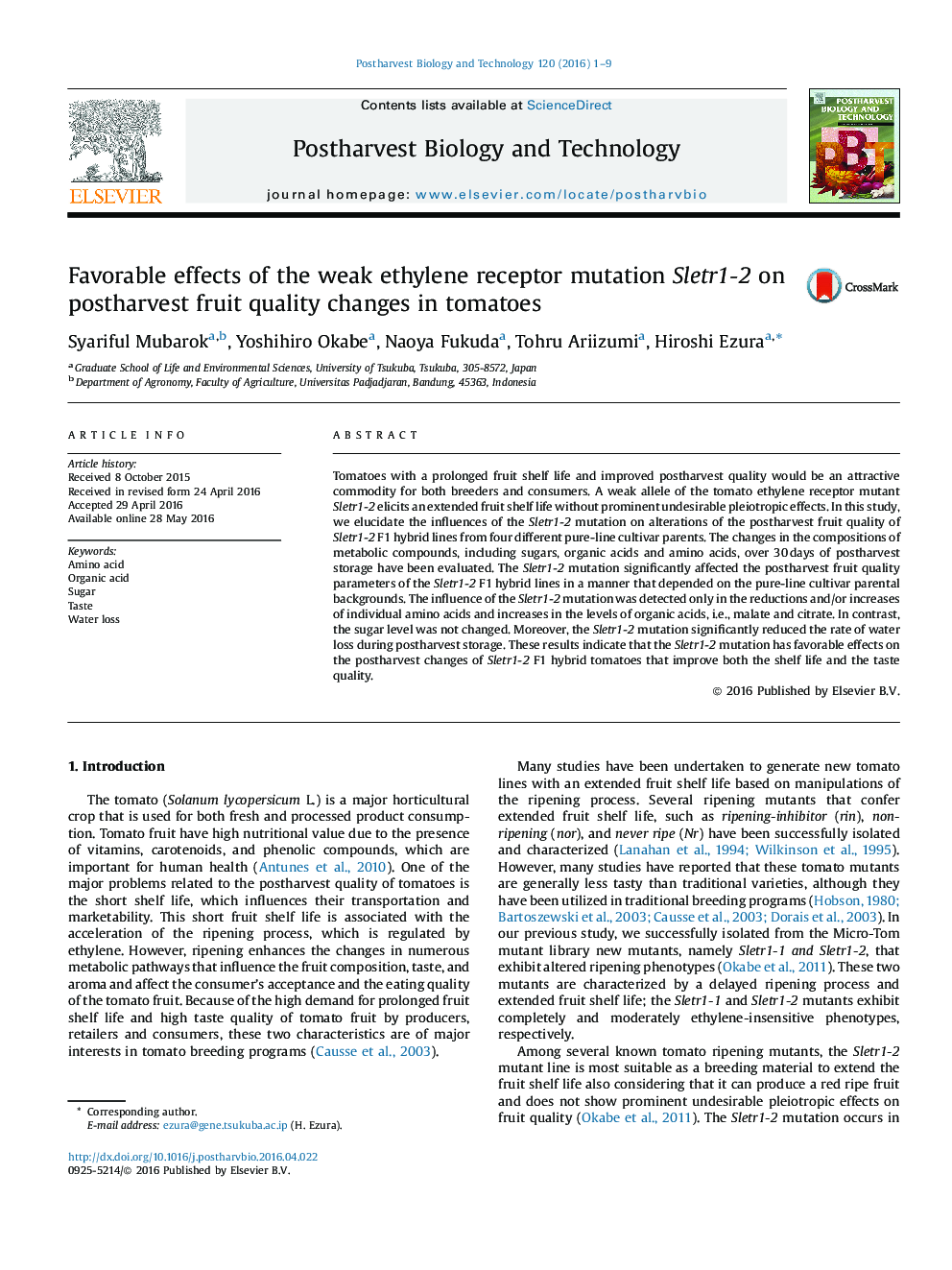 Favorable effects of the weak ethylene receptor mutation Sletr1-2 on postharvest fruit quality changes in tomatoes