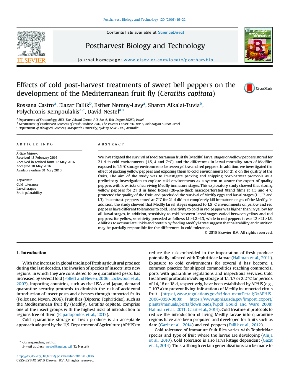 Effects of cold post-harvest treatments of sweet bell peppers on the development of the Mediterranean fruit fly (Ceratitis capitata)