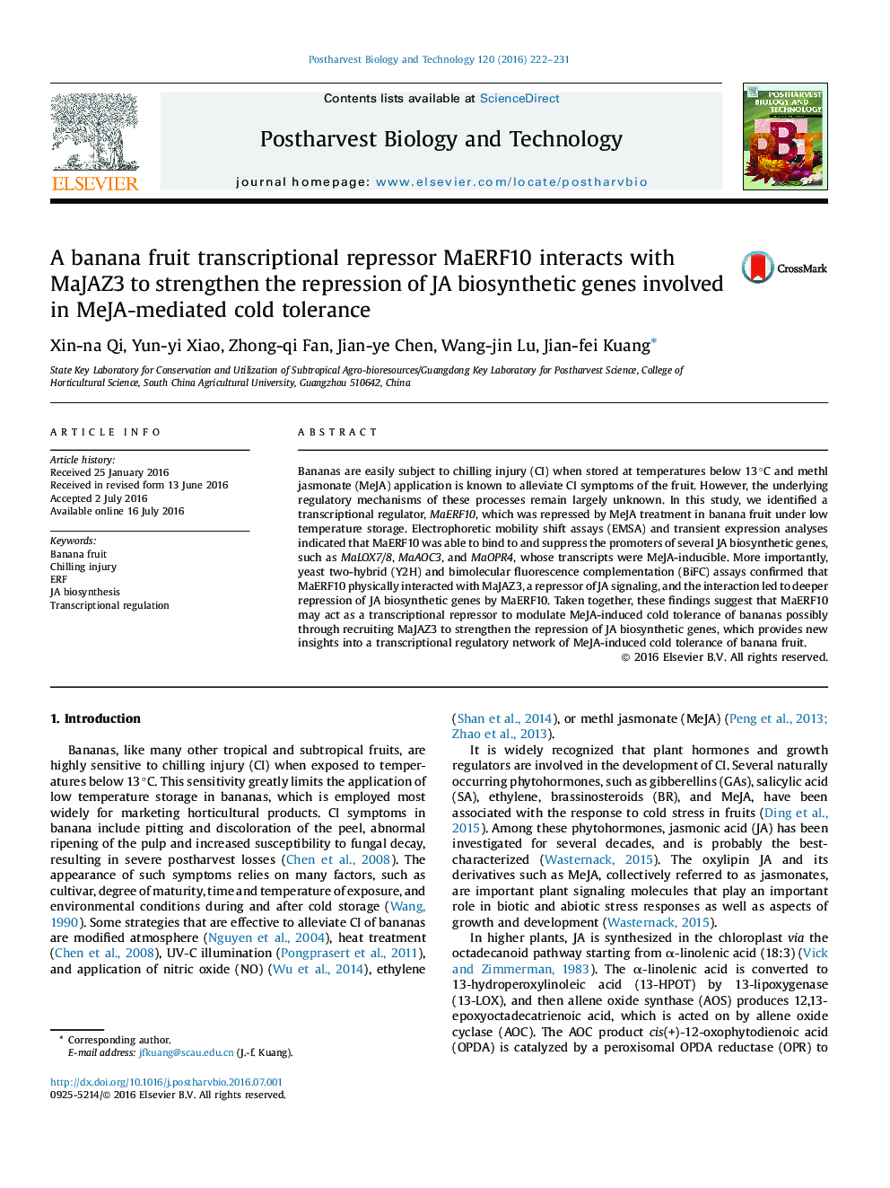 A banana fruit transcriptional repressor MaERF10 interacts with MaJAZ3 to strengthen the repression of JA biosynthetic genes involved in MeJA-mediated cold tolerance