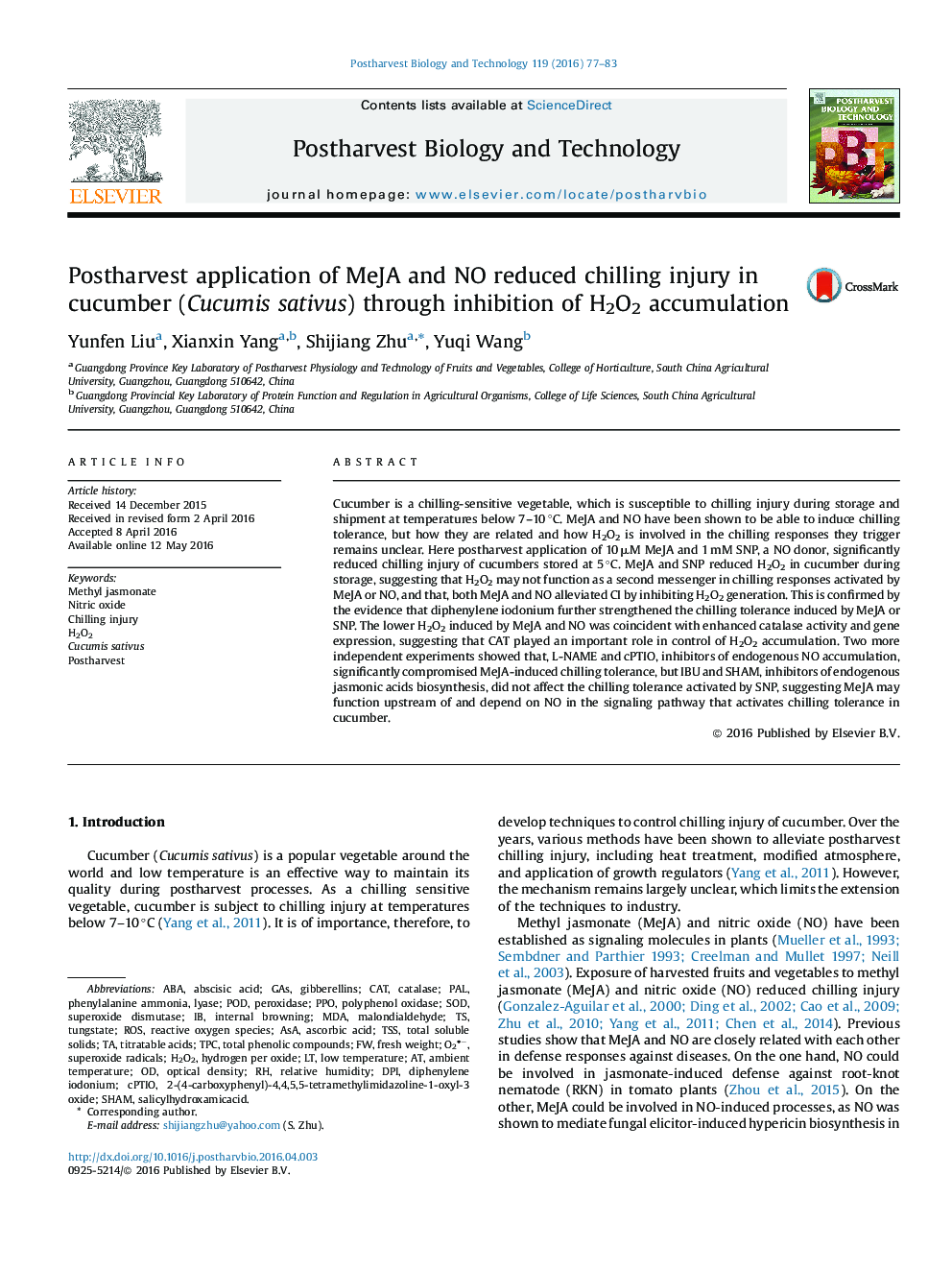 Postharvest application of MeJA and NO reduced chilling injury in cucumber (Cucumis sativus) through inhibition of H2O2 accumulation