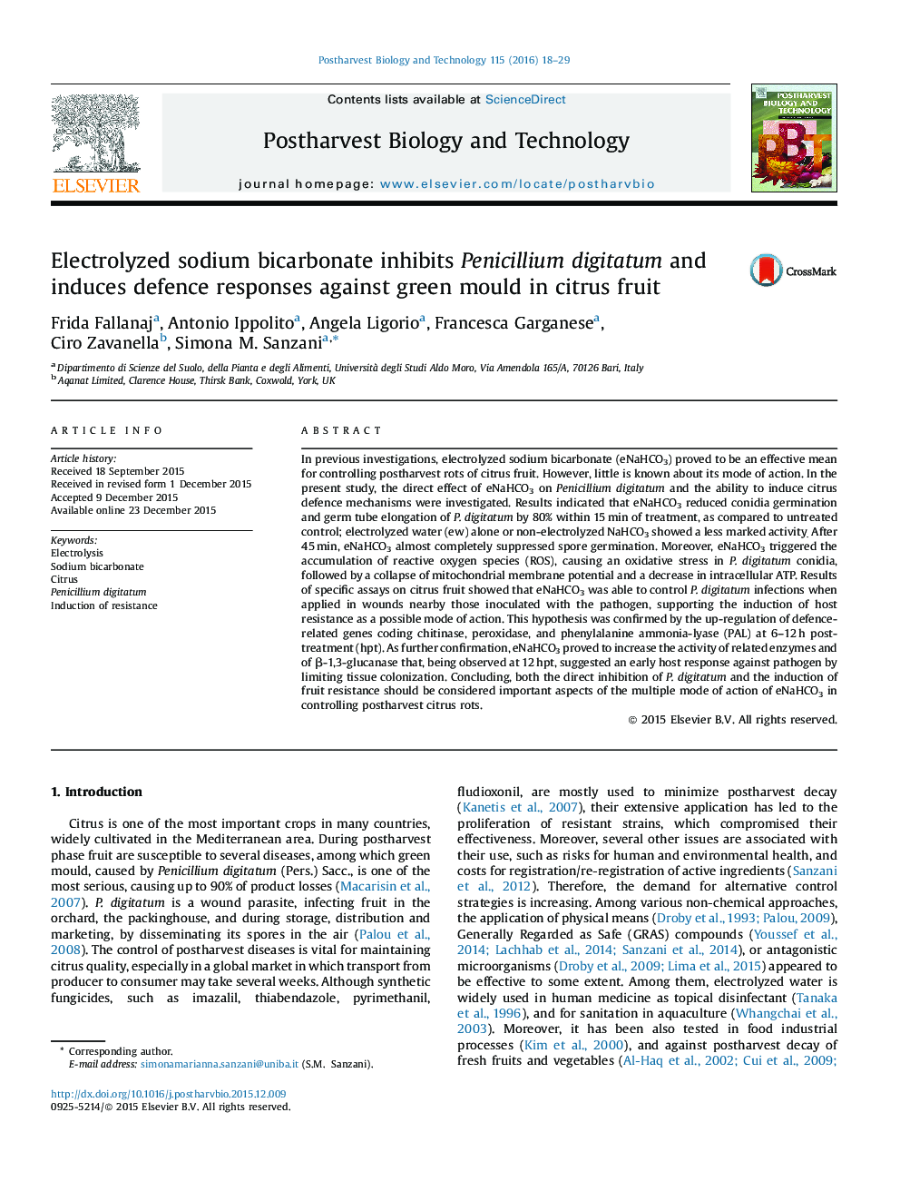 Electrolyzed sodium bicarbonate inhibits Penicillium digitatum and induces defence responses against green mould in citrus fruit