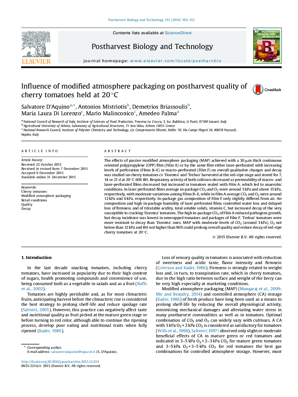 Influence of modified atmosphere packaging on postharvest quality of cherry tomatoes held at 20 °C