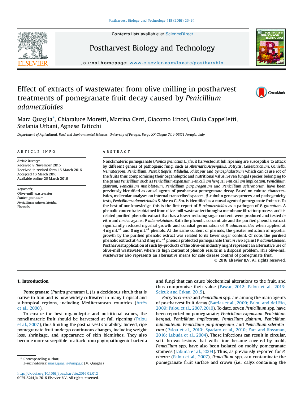 عکس صفحه اول مقاله: Effect of extracts of wastewater from olive milling in postharvest treatments of pomegranate fruit decay caused by Penicillium adametzioides Effect of extracts of wastewater from olive milling in postharvest treatments of pomegranate fruit decay caused by Penicillium adametzioides