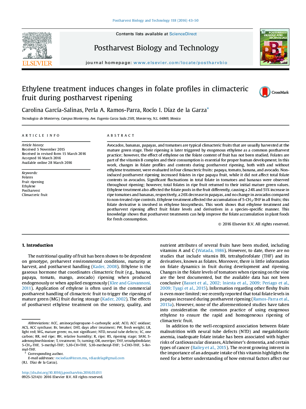 Ethylene treatment induces changes in folate profiles in climacteric fruit during postharvest ripening