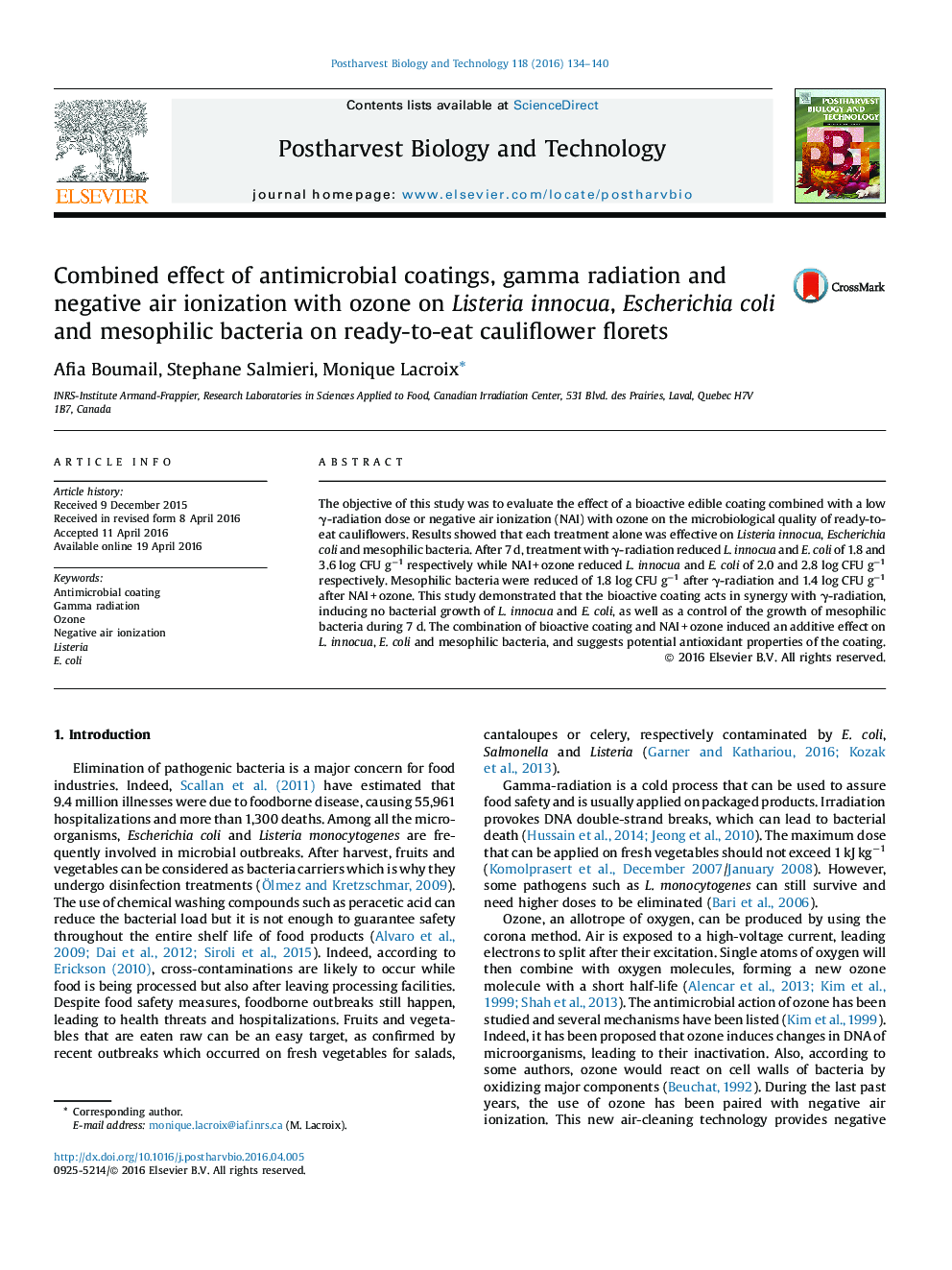 Combined effect of antimicrobial coatings, gamma radiation and negative air ionization with ozone on Listeria innocua, Escherichia coli and mesophilic bacteria on ready-to-eat cauliflower florets