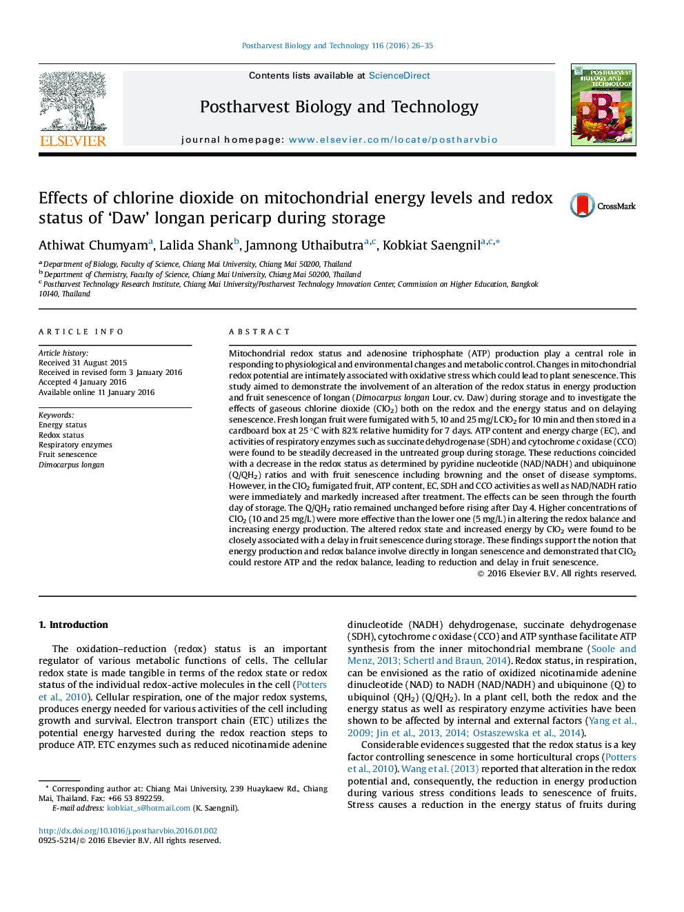 Effects of chlorine dioxide on mitochondrial energy levels and redox status of ‘Daw’ longan pericarp during storage