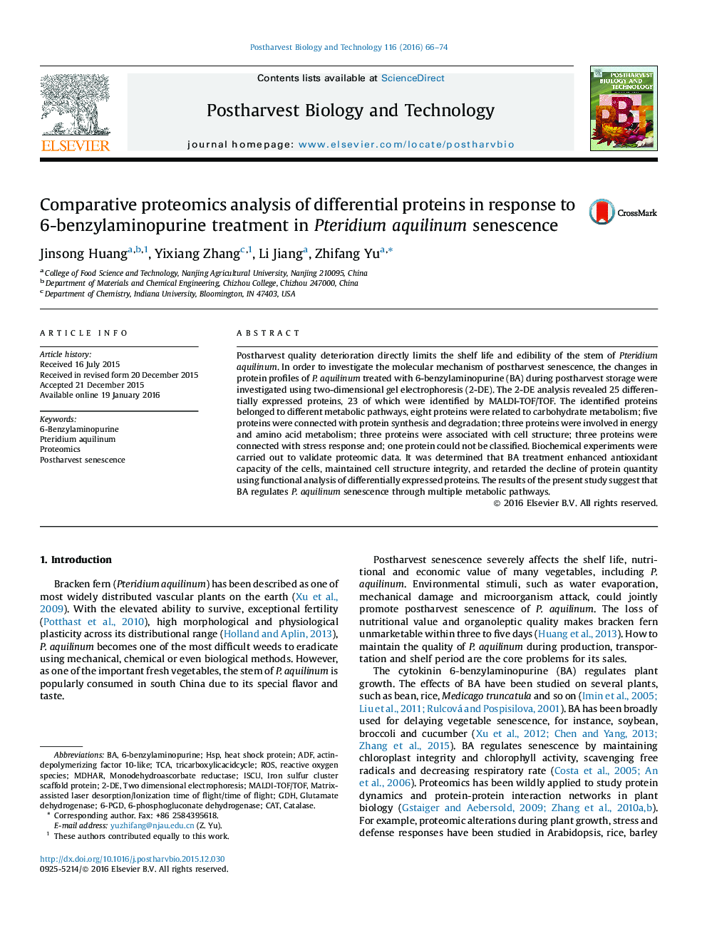 Comparative proteomics analysis of differential proteins in response to 6-benzylaminopurine treatment in Pteridium aquilinum senescence
