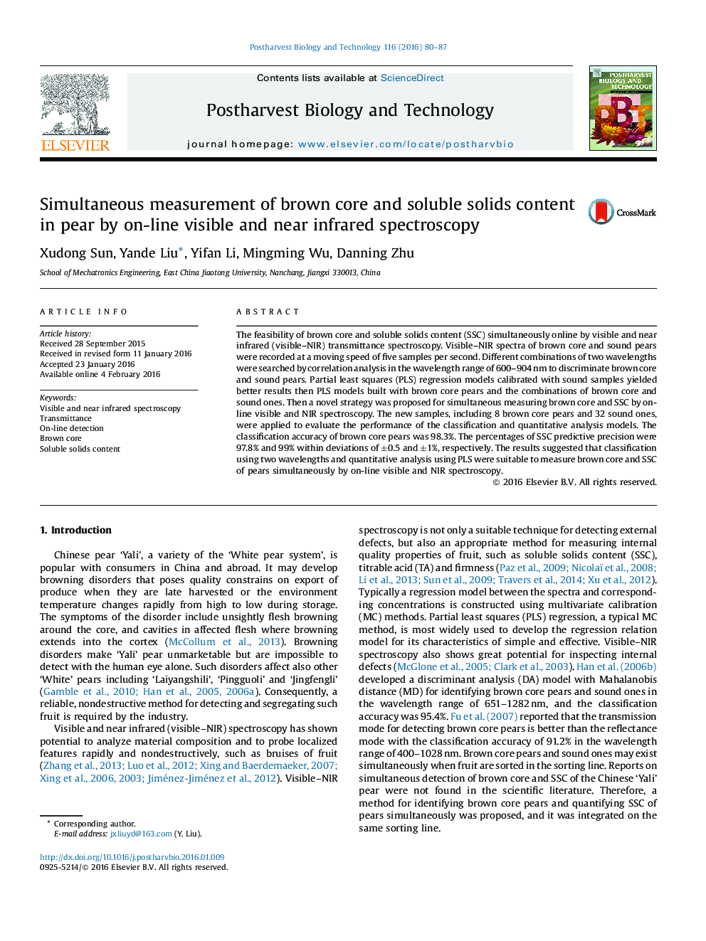 Simultaneous measurement of brown core and soluble solids content in pear by on-line visible and near infrared spectroscopy