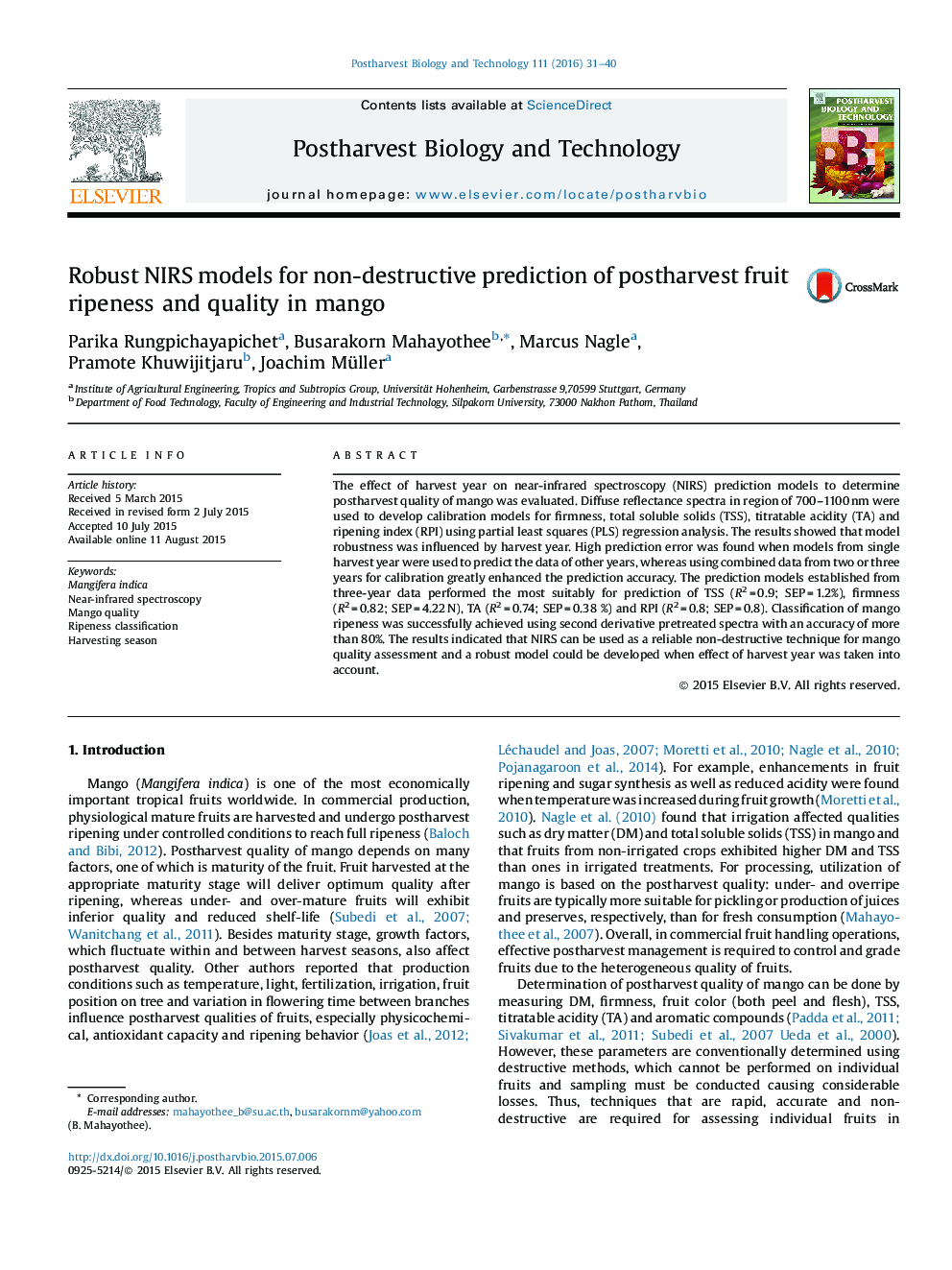 Robust NIRS models for non-destructive prediction of postharvest fruit ripeness and quality in mango