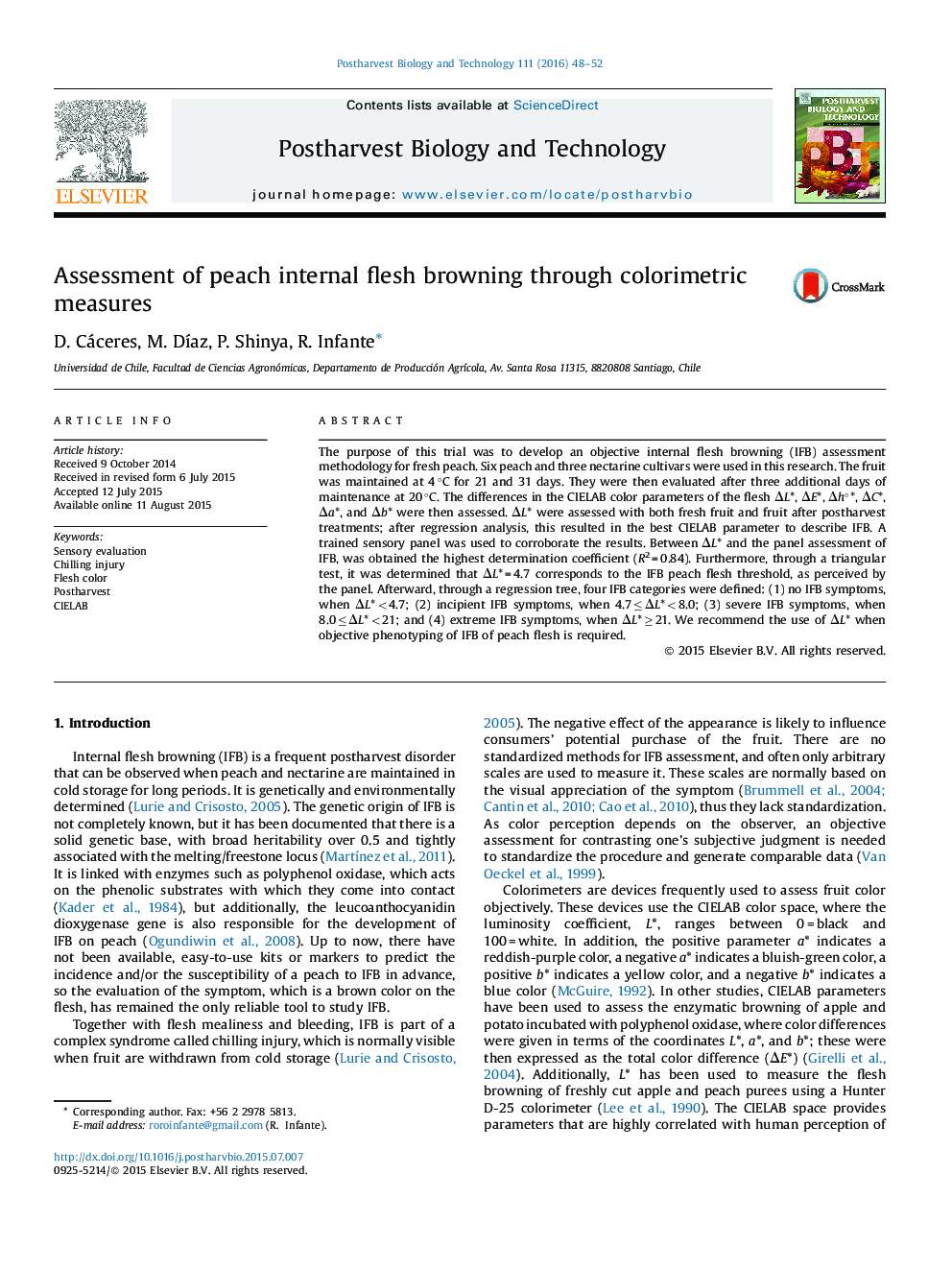 Assessment of peach internal flesh browning through colorimetric measures