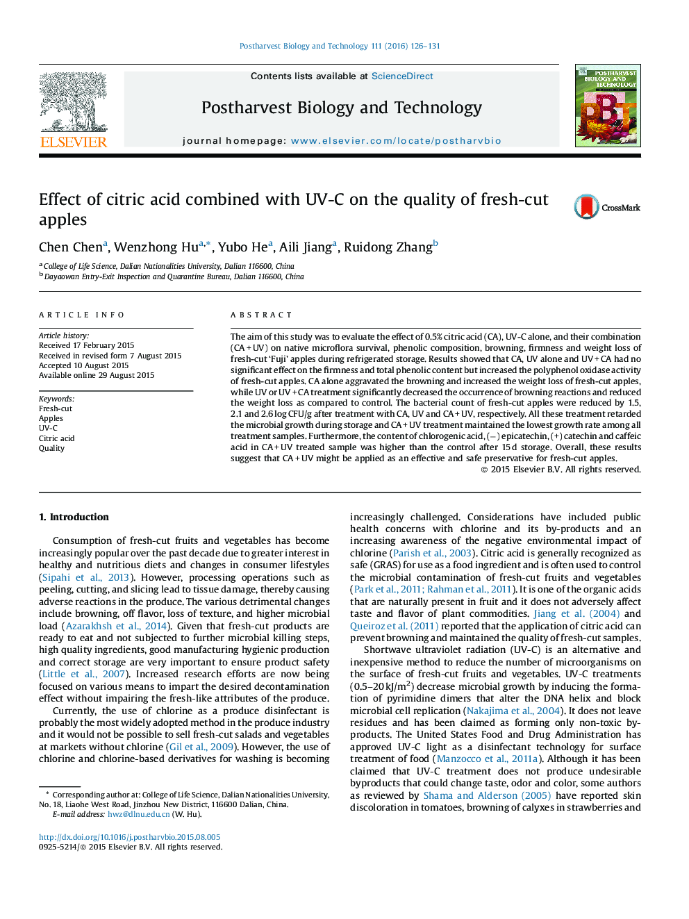 Effect of citric acid combined with UV-C on the quality of fresh-cut apples