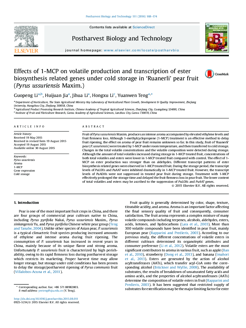 Effects of 1-MCP on volatile production and transcription of ester biosynthesis related genes under cold storage in ‘Ruanerli’ pear fruit (Pyrus ussuriensis Maxim.)