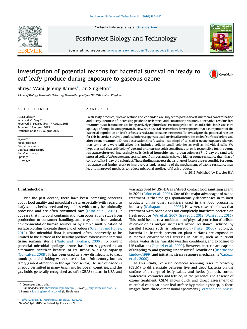 Investigation of potential reasons for bacterial survival on ‘ready-to-eat’ leafy produce during exposure to gaseous ozone