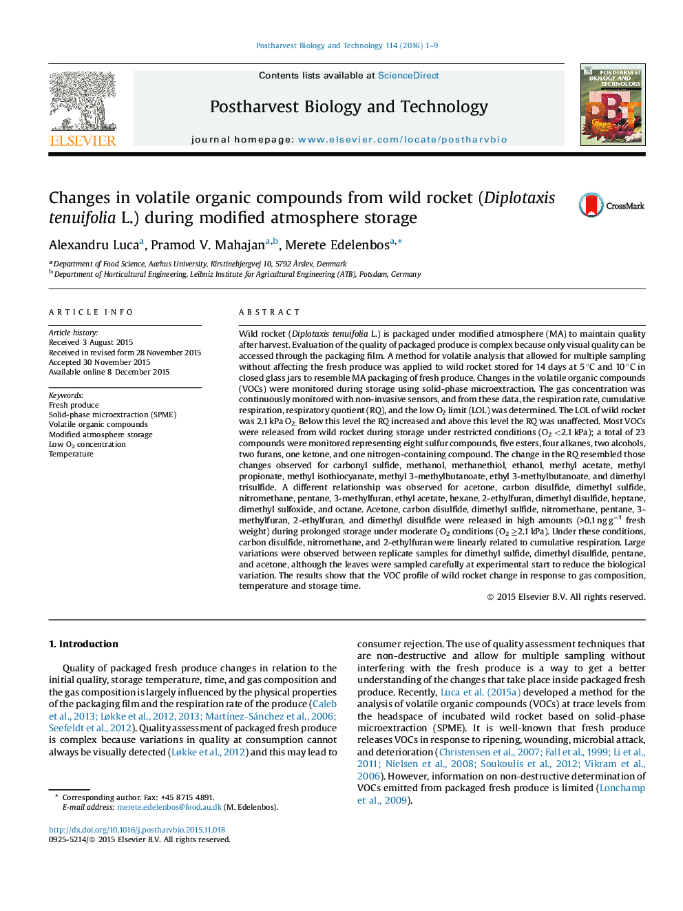 Changes in volatile organic compounds from wild rocket (Diplotaxis tenuifolia L.) during modified atmosphere storage