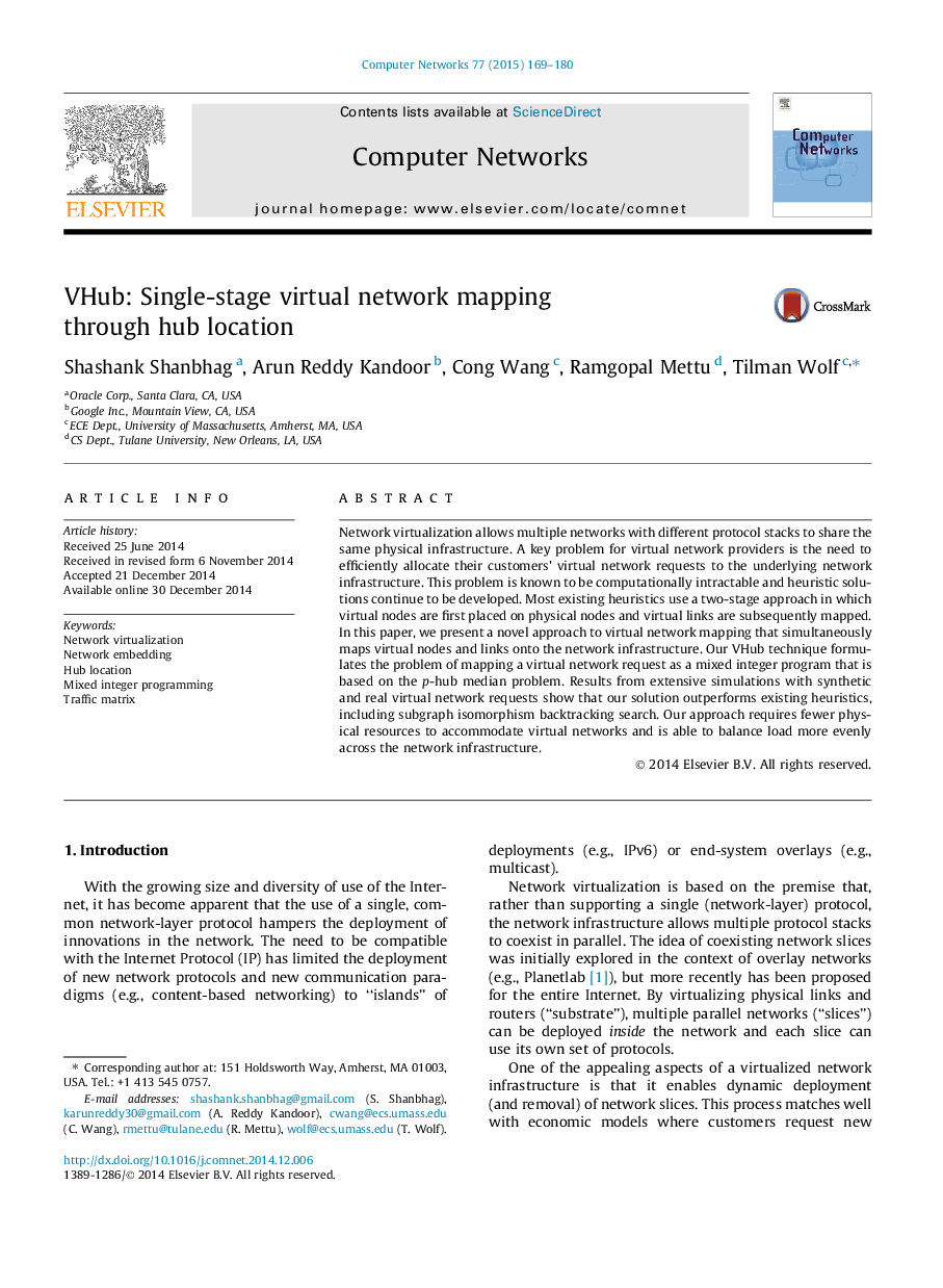 VHub: Single-stage virtual network mapping through hub location