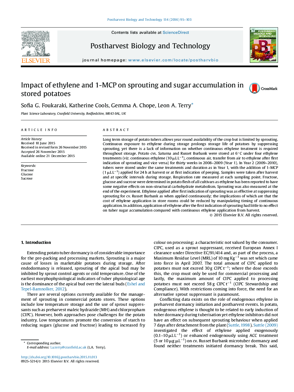 Impact of ethylene and 1-MCP on sprouting and sugar accumulation in stored potatoes