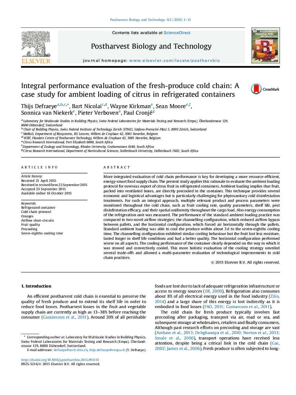 Integral performance evaluation of the fresh-produce cold chain: A case study for ambient loading of citrus in refrigerated containers