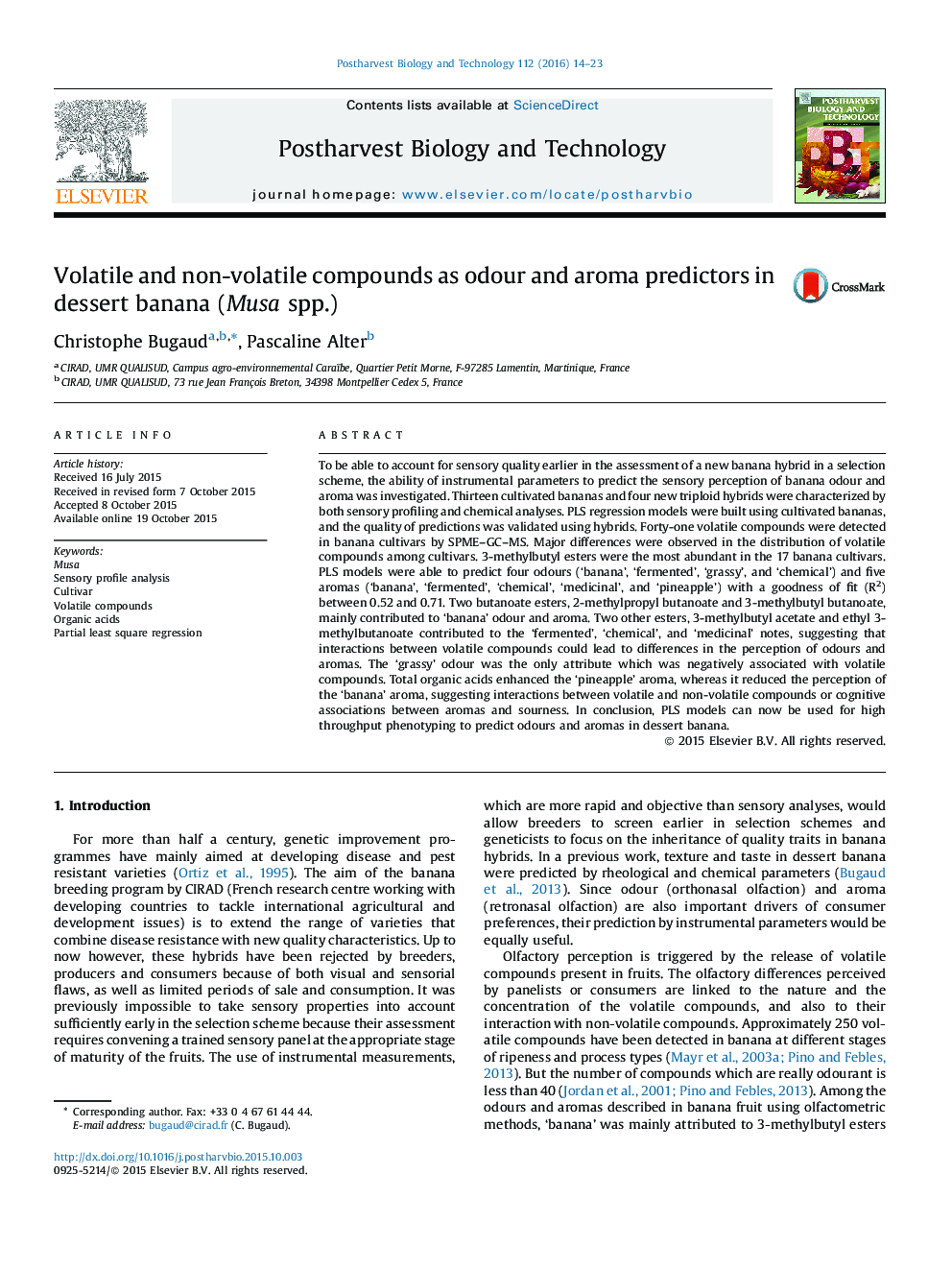 Volatile and non-volatile compounds as odour and aroma predictors in dessert banana (Musa spp.)