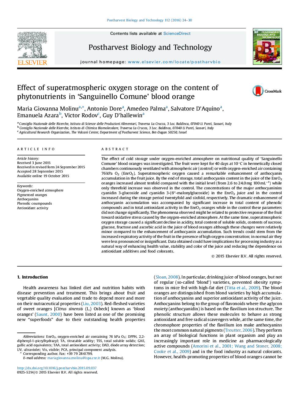 Effect of superatmospheric oxygen storage on the content of phytonutrients in ‘Sanguinello Comune’ blood orange