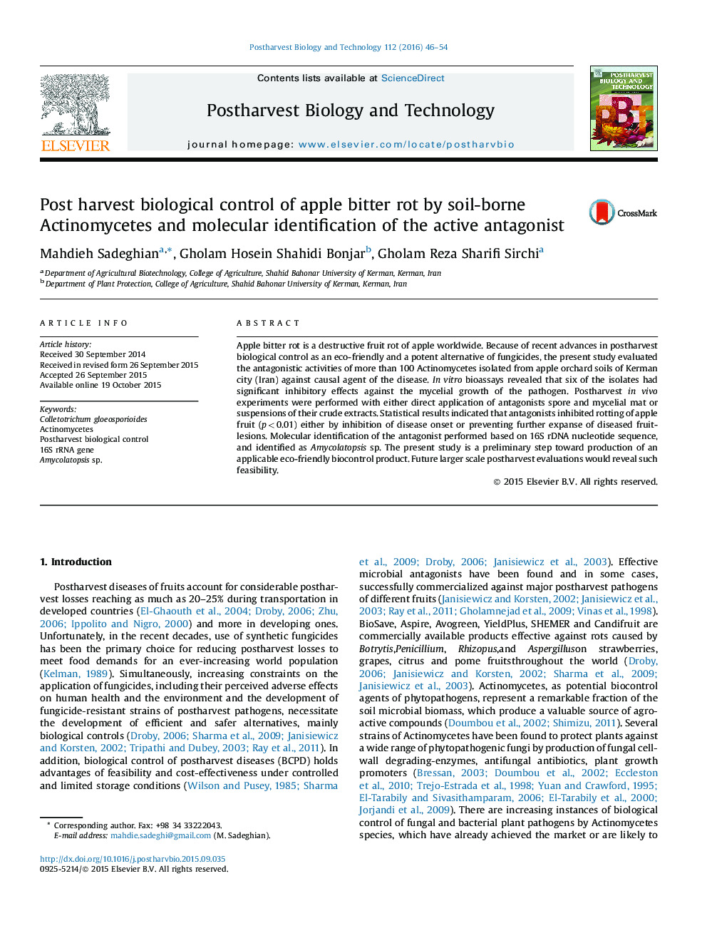 Post harvest biological control of apple bitter rot by soil-borne Actinomycetes and molecular identification of the active antagonist