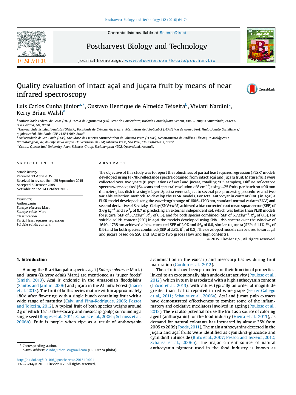 Quality evaluation of intact açaí and juçara fruit by means of near infrared spectroscopy