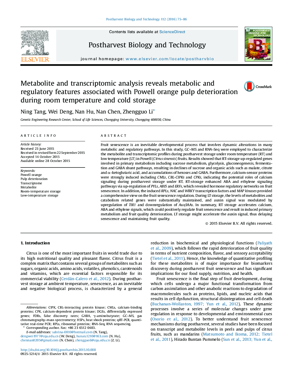 Metabolite and transcriptomic analysis reveals metabolic and regulatory features associated with Powell orange pulp deterioration during room temperature and cold storage