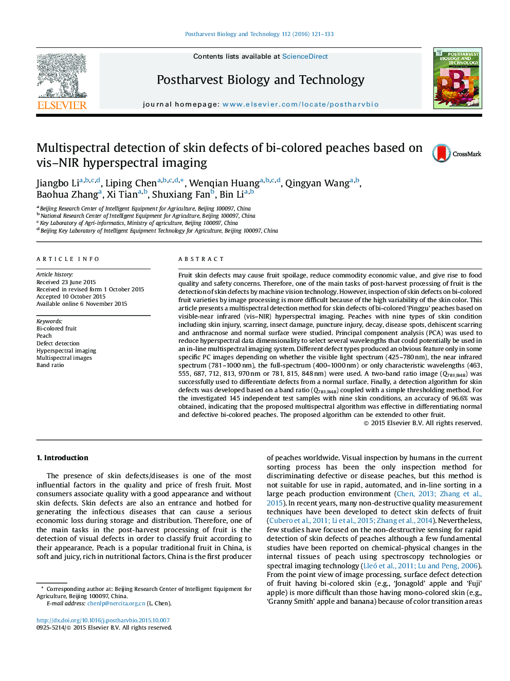 Multispectral detection of skin defects of bi-colored peaches based on vis–NIR hyperspectral imaging