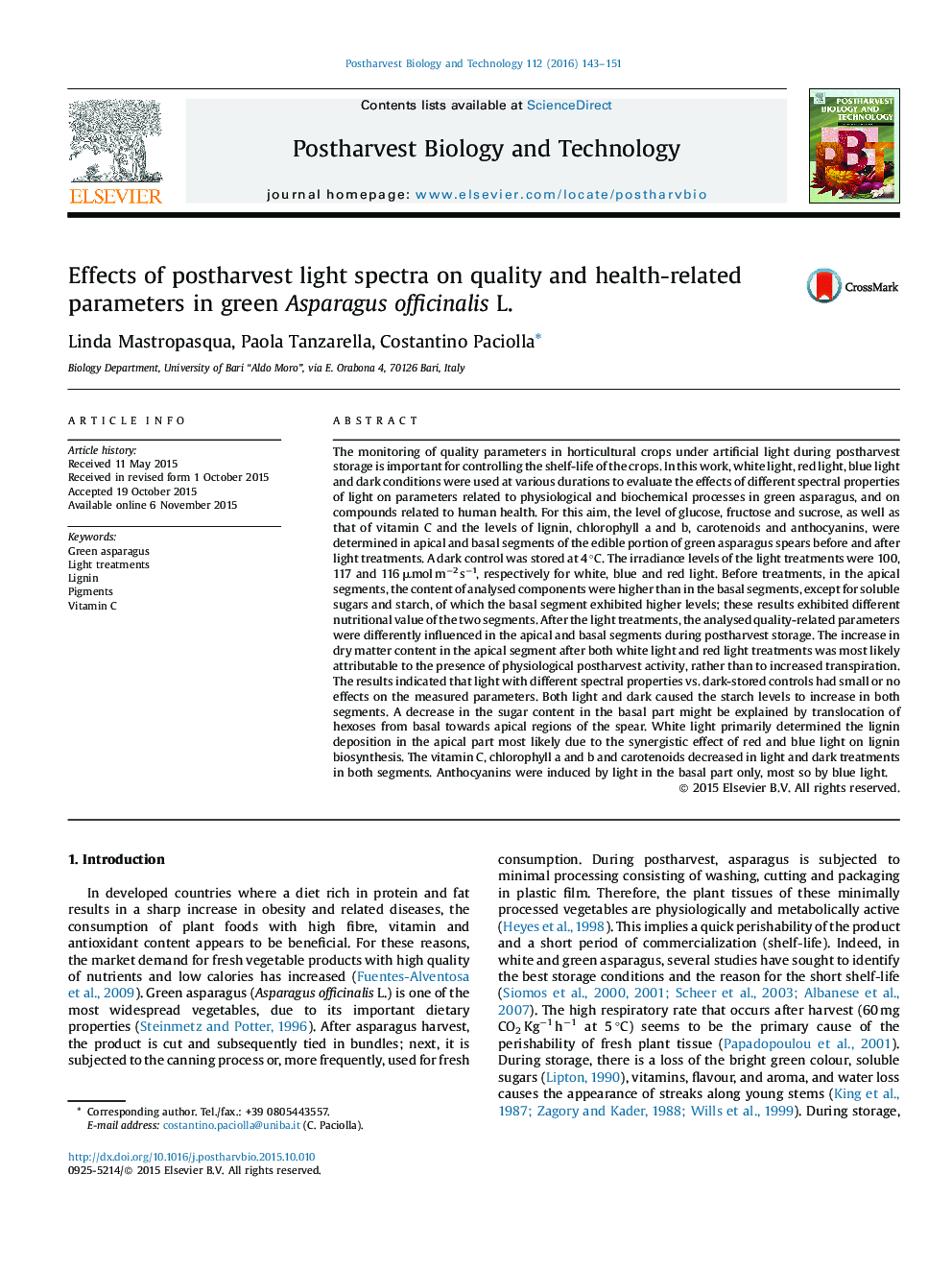 Effects of postharvest light spectra on quality and health-related parameters in green Asparagus officinalis L.