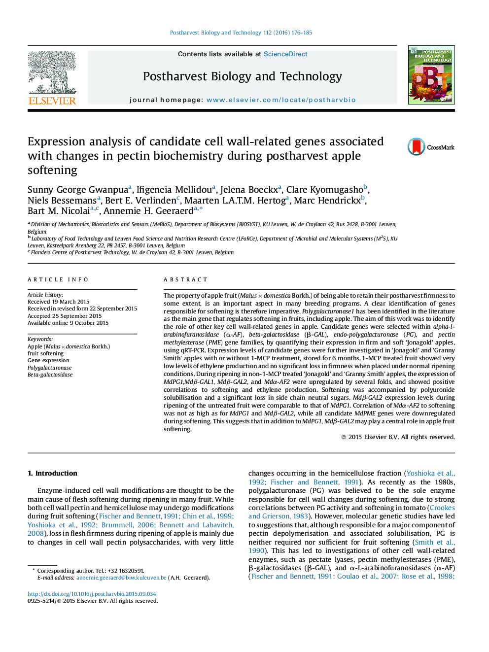 Expression analysis of candidate cell wall-related genes associated with changes in pectin biochemistry during postharvest apple softening