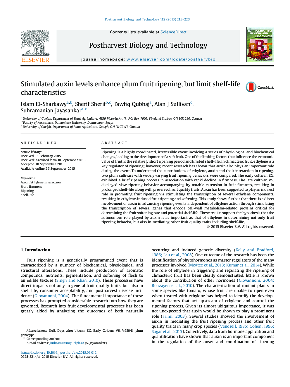 Stimulated auxin levels enhance plum fruit ripening, but limit shelf-life characteristics