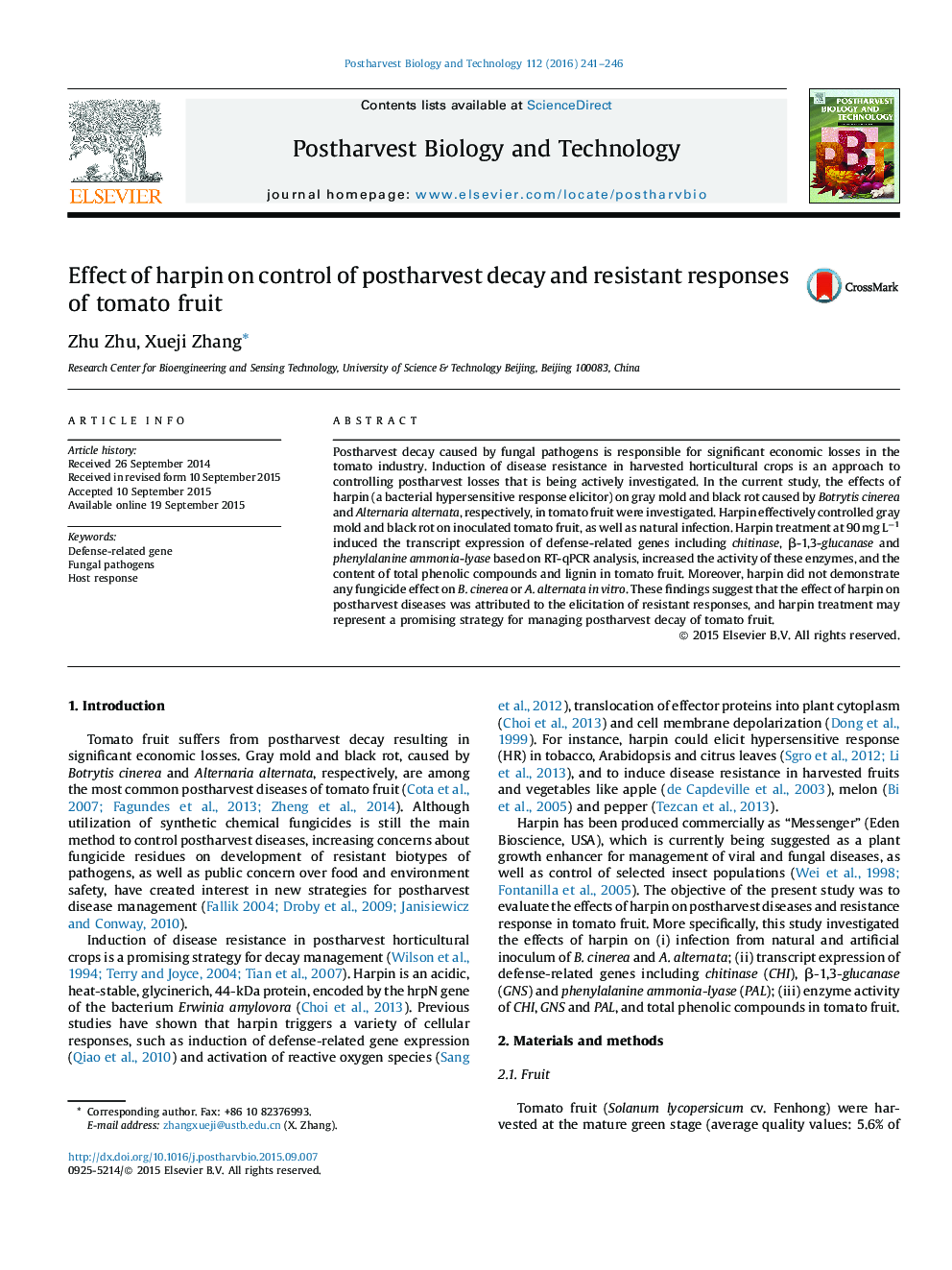 Effect of harpin on control of postharvest decay and resistant responses of tomato fruit