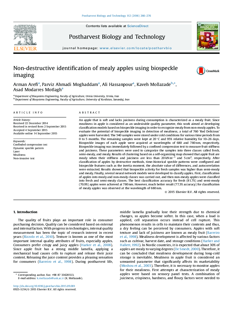 Non-destructive identification of mealy apples using biospeckle imaging