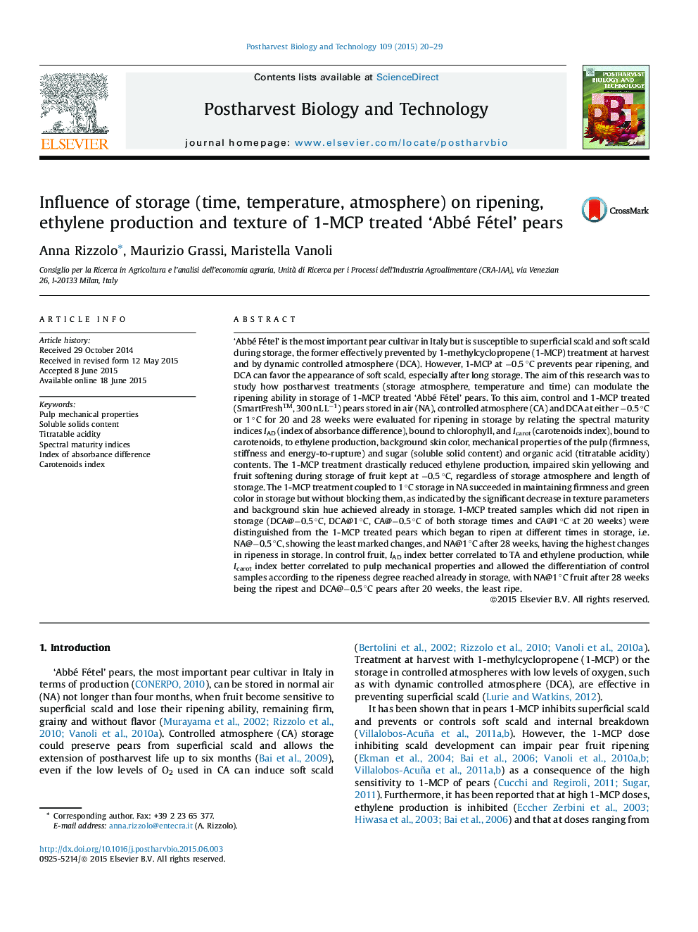 Influence of storage (time, temperature, atmosphere) on ripening, ethylene production and texture of 1-MCP treated ‘Abbé Fétel’ pears