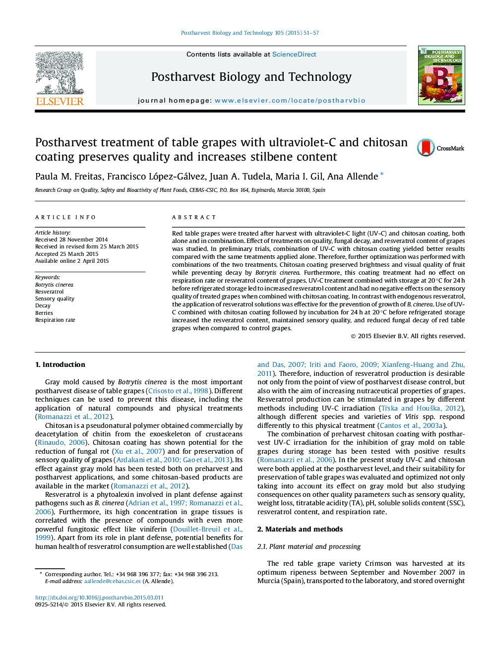 Postharvest treatment of table grapes with ultraviolet-C and chitosan coating preserves quality and increases stilbene content