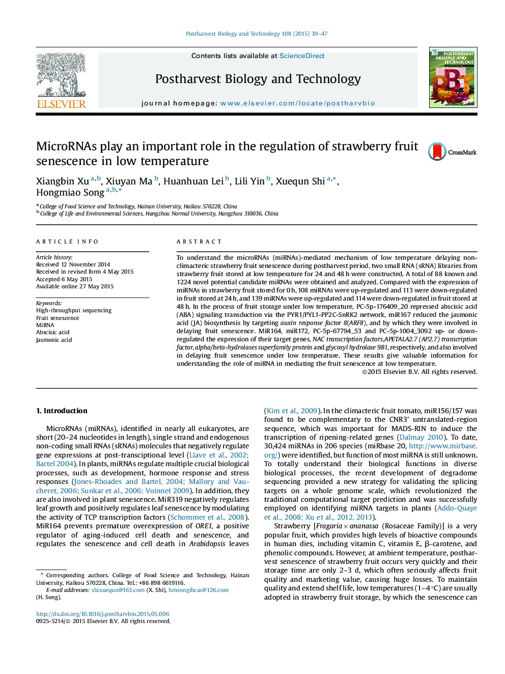 MicroRNAs play an important role in the regulation of strawberry fruit senescence in low temperature