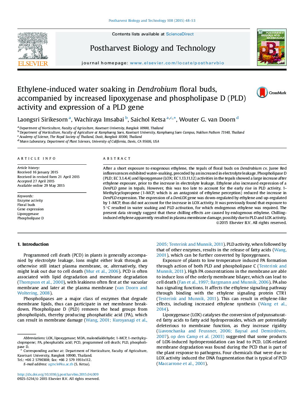 Ethylene-induced water soaking in Dendrobium floral buds, accompanied by increased lipoxygenase and phospholipase D (PLD) activity and expression of a PLD gene