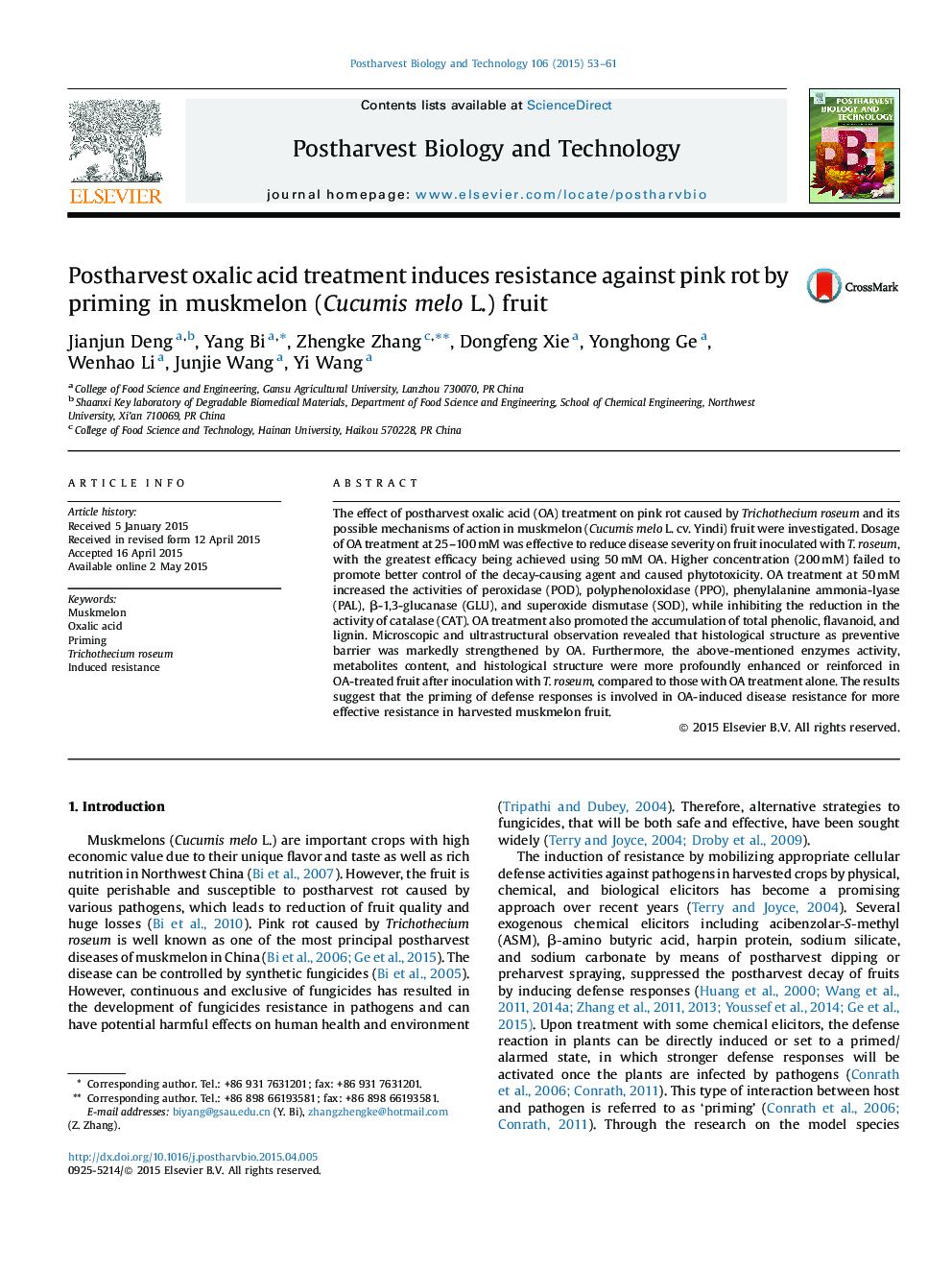 Postharvest oxalic acid treatment induces resistance against pink rot by priming in muskmelon (Cucumis melo L.) fruit